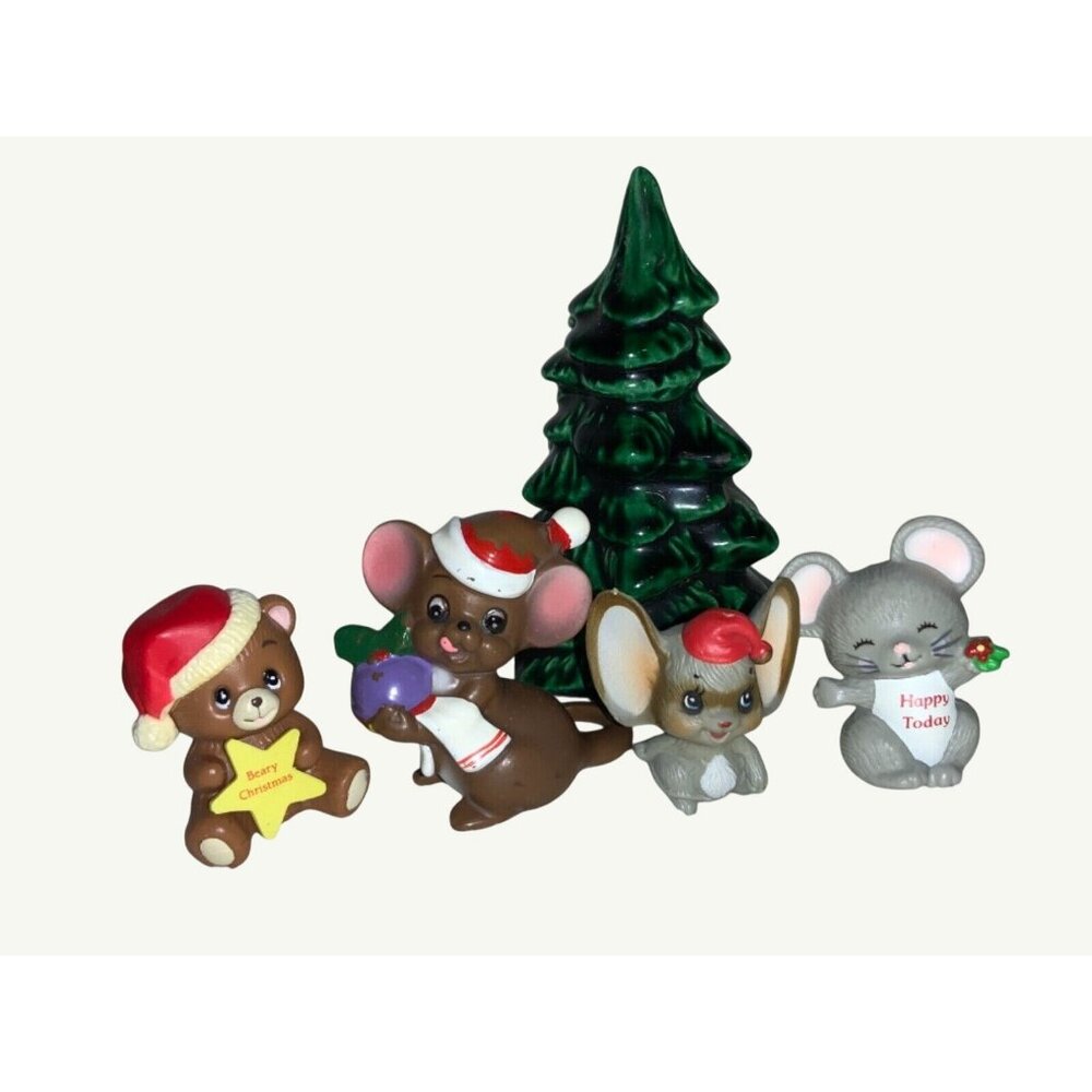 Small Ceramic Christmas Tree With Mice and Bear Figurines